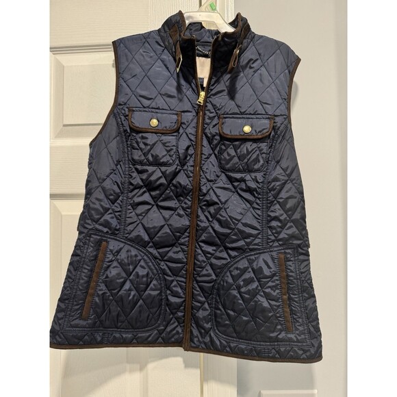 Banana Republic Quilted Vest Women’s Medium Navy Blue Brown Trim Zip Front - Picture 3 of 6